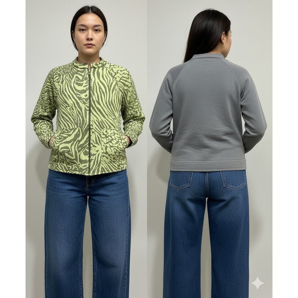 Reversible Green and gray Animal abstract Print Zip Up Flattering Jacket Sz S/M